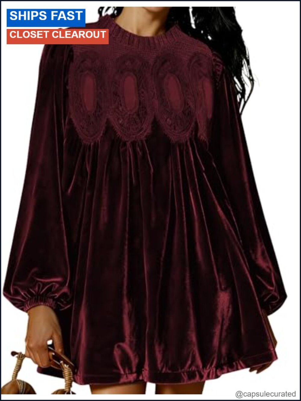 Velvet Lace A-Line Babydoll Dress Scallop Neck Pleated Swing Mini